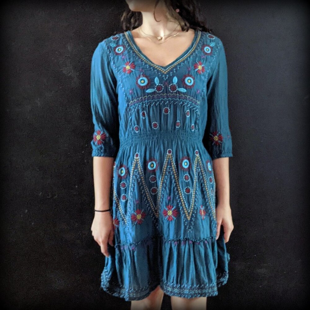 Johnny Was Workshop Silk Cotton Embroidered Boho Tunic Dress Teal Size S